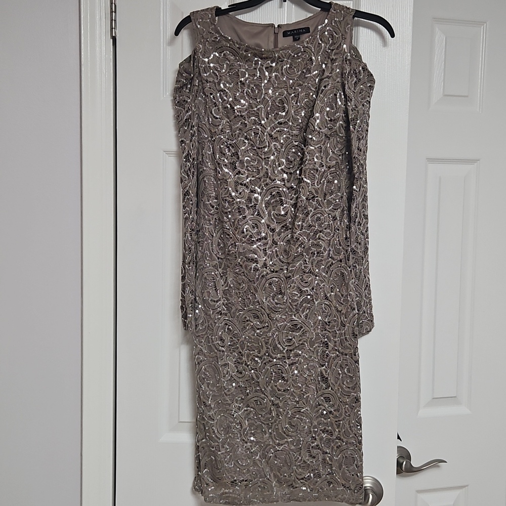 Taupe Sequined Lace Evening Dress